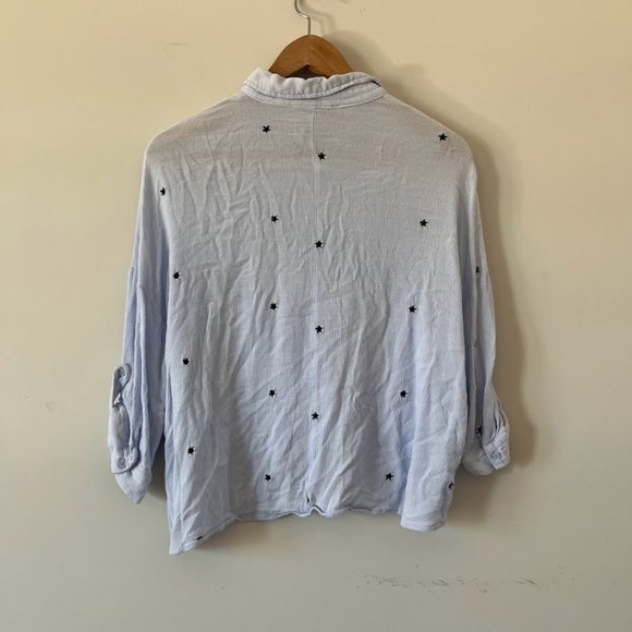 Elodie Powder Blue Embroidered Detail Button-Up Crepe Blouse - Picture 2 of 4